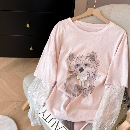 长袖甜美拼接蕾丝袖假两件小狗T