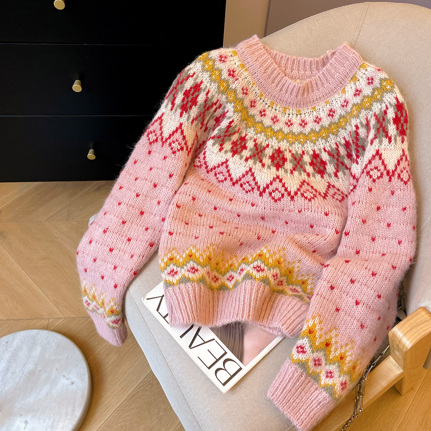 圆领费尔岛风宽松提花毛衣女冬季