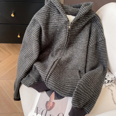 加绒加厚宽松条纹连帽卫衣女新款