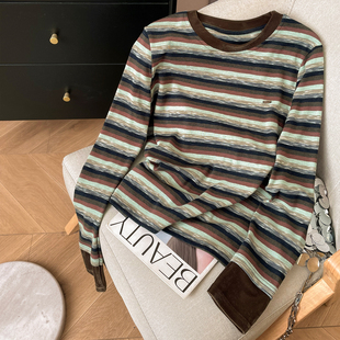 冬休闲圆领内搭针织打底衫 T恤女2025新款 复古拼色条纹长袖 小C家