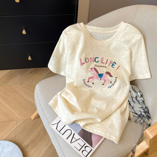 夏童趣风减龄圆领正肩上衣 T恤女2026新款 小C家 刺绣小马印花短袖