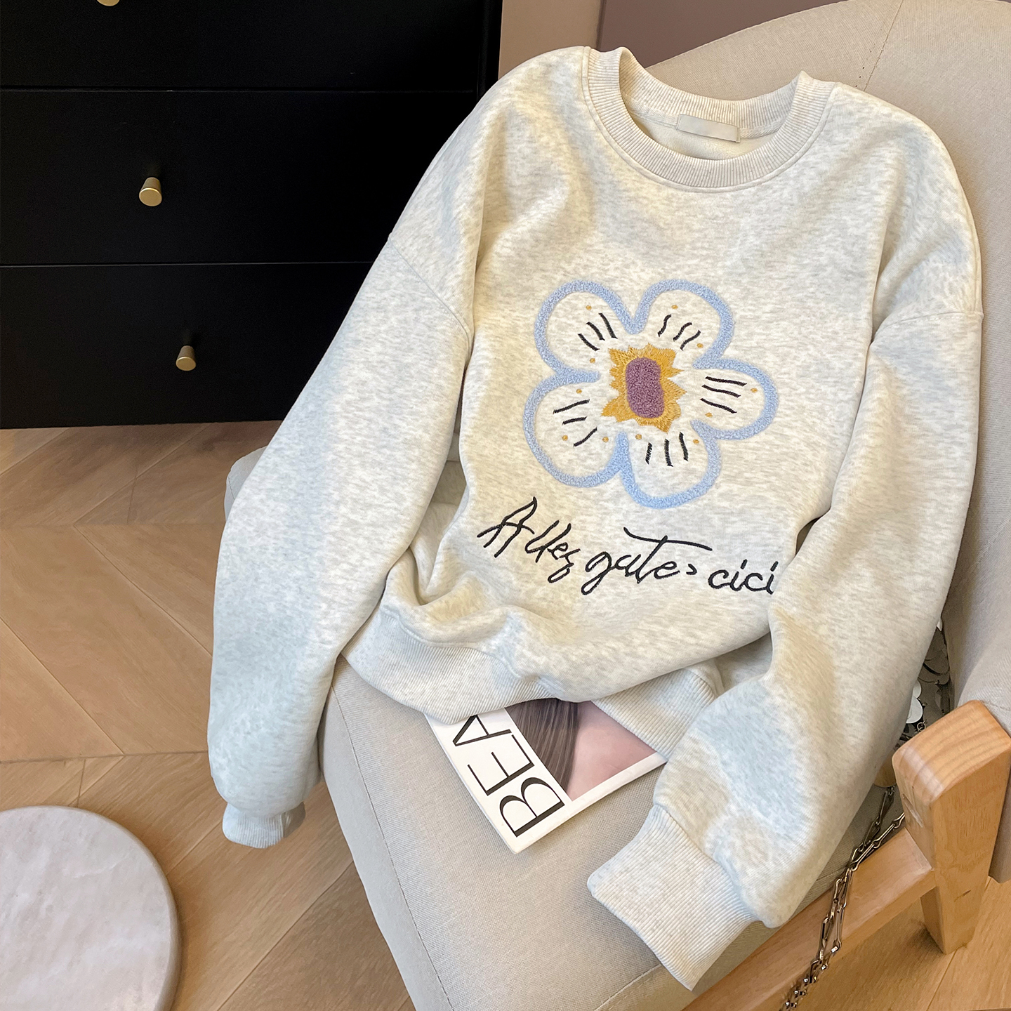 加绒宽松韩系花朵毛巾绣卫衣女秋