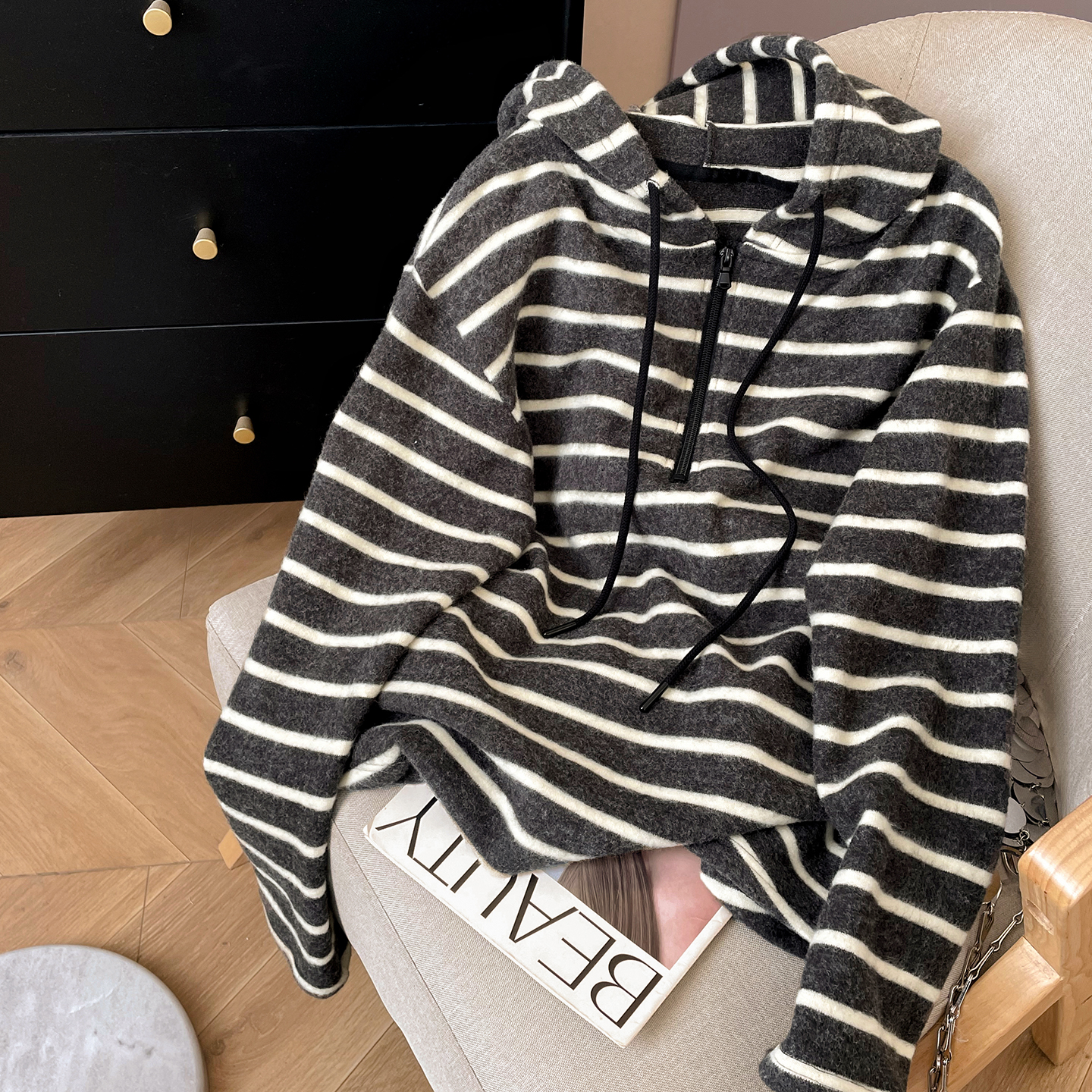 宽松休闲条纹连帽衫女冬内搭绒衫