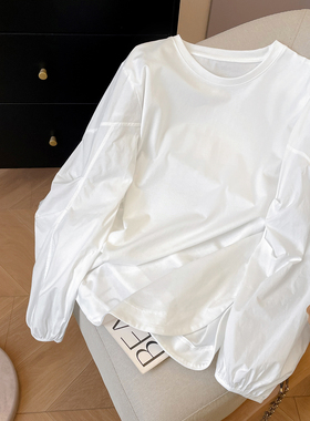 小C家 白色长袖T恤女2026新款春设计感小众侧开叉宽松灯笼袖上衣