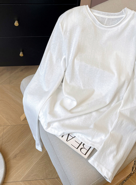 小C家 白色长袖T恤女2026新款春季简约百搭休闲宽松卷边圆领上衣