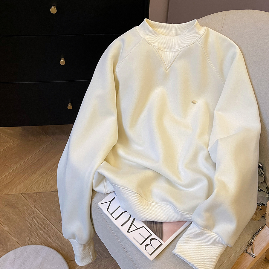 小C家 杏色圆领加绒卫衣女2025秋季爆款加厚时尚洋气宽松长袖上衣