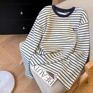 春韩系休闲宽松圆领上衣 T恤女2026新款 小C家 腊肠狗刺绣条纹长袖