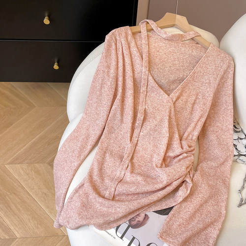 针织交叉V领飘带T恤女掐腰小上衣