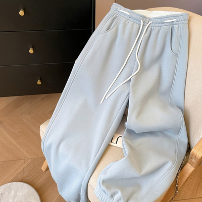 束脚裤加绒高腰裤抽绳松紧腰卫裤