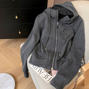 小C家 天丝连帽卫衣女款2026新款春季宽松休闲运动双拉链短款外套