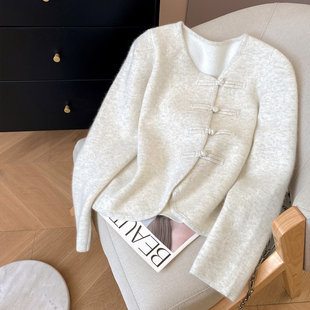 特价 新中式盘扣毛衣开衫外套女2025新款秋冬浣熊绒羊毛针织上衣