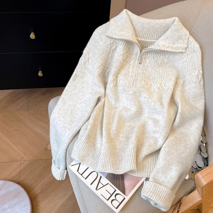 小C家 提花拉链半高领毛衣女2025新款冬季宽松慵懒兔毛针织羊毛衫