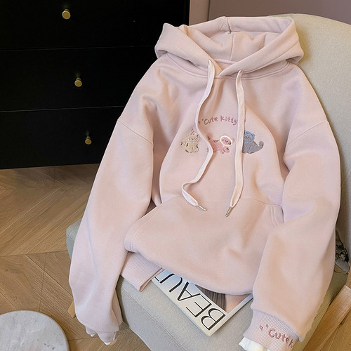 小C家 甜美粉色卡通刺绣连帽卫衣女2025春秋新款减龄别致百搭上衣