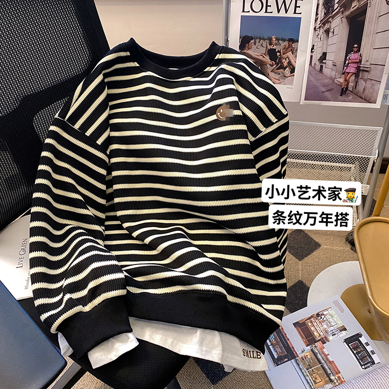 宽松假两件条纹卫衣女