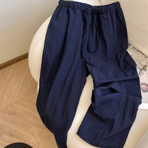 小C家 藏青色天丝亚麻松弛感阔腿裤女夏季新款高腰宽松显瘦九分裤