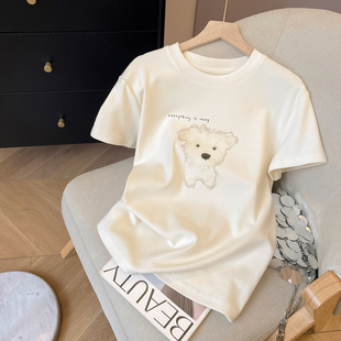 早秋内搭宽松圆领打底上衣 女T恤2025新款 小C家 小狗印花磨毛短袖