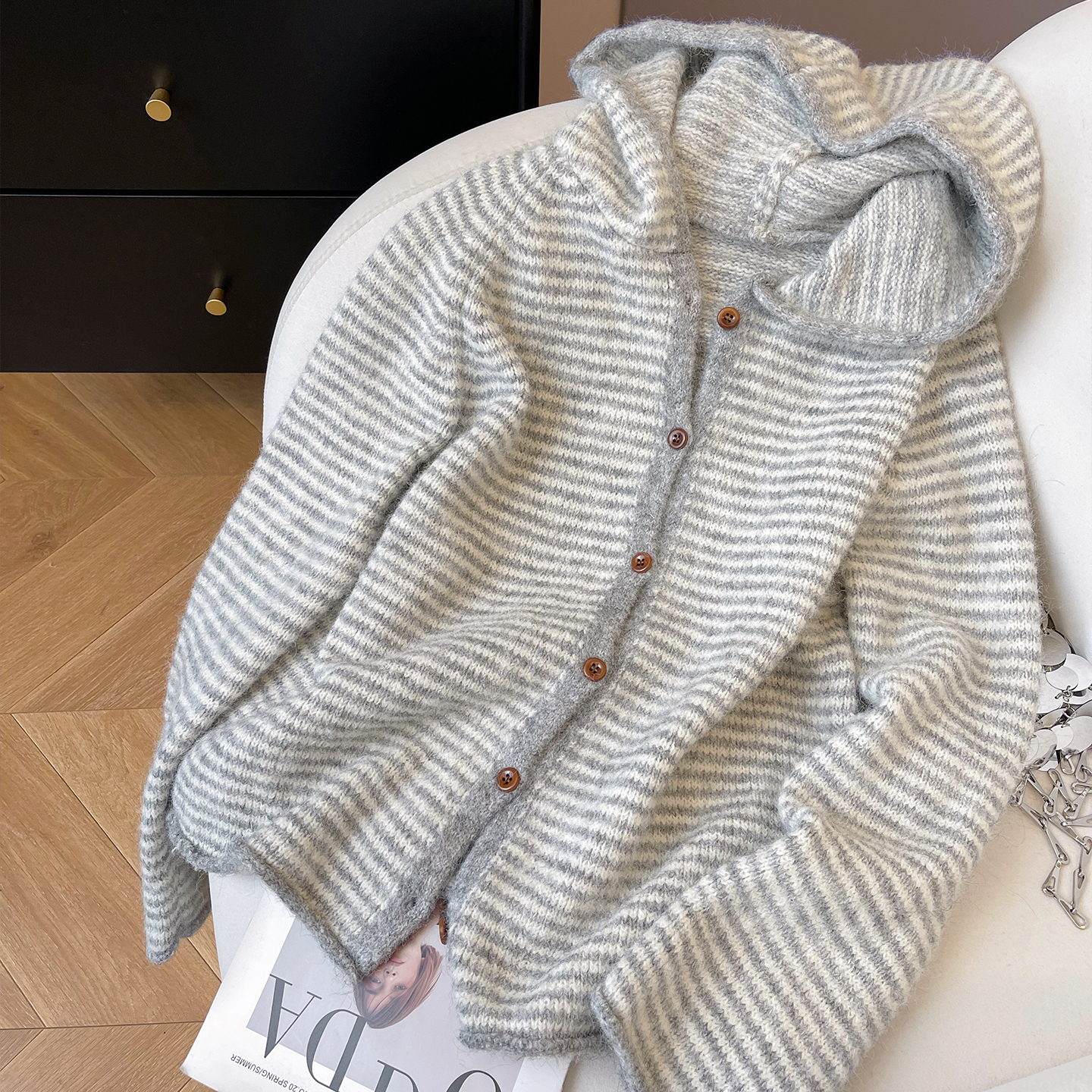 连帽休闲宽松条纹毛衣开衫女新款