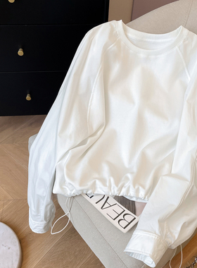 小C家 拼接衬衫袖白色T恤女2026新款春设计感小众插肩袖长袖上衣