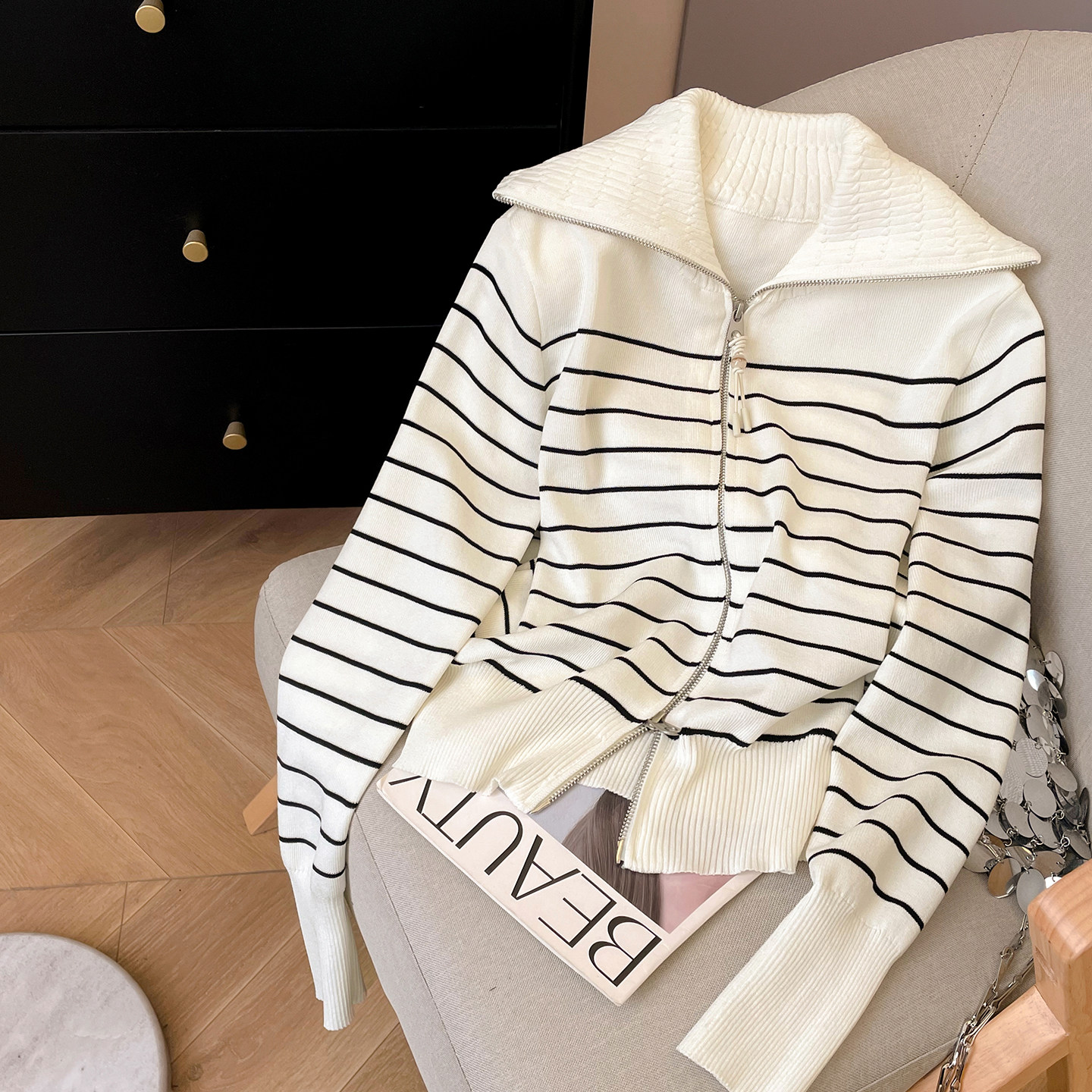 小C家 大翻领毛衣女2026新款春季宽松条纹短款双拉链针织开衫外套,女装/女士精品,毛针织衫,淘宝优惠券,粉丝福利购,淘宝优惠卷