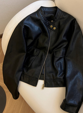 小C家 黑色pu皮衣外套女2026新款春季酷飒风机车服设计感短款夹克