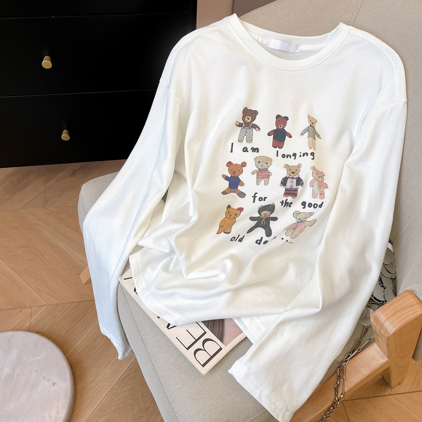 长袖休闲磨毛印花T恤女2025新款