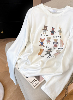 小C家 小熊印花长袖T恤女2026新款春季休闲宽松显瘦内搭打底上衣