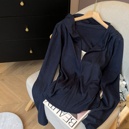 小C家 藏青色运动休闲连帽假两件拉链外套女夏季防晒修身显瘦上衣