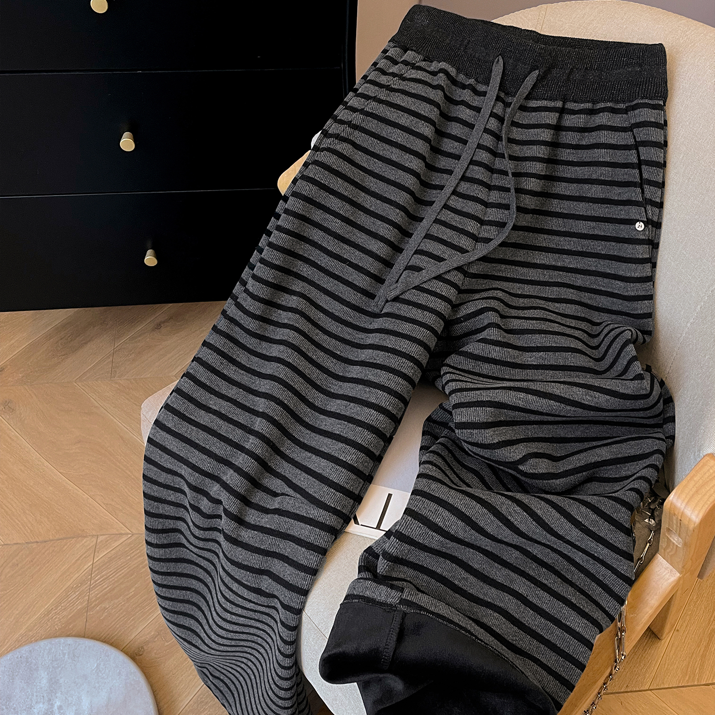 高腰休闲长裤女冬条纹针织阔腿裤