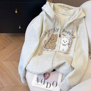 小C家 可爱毛绒小狗刺绣卫衣女款2026新款春韩系穿搭宽松连帽外套