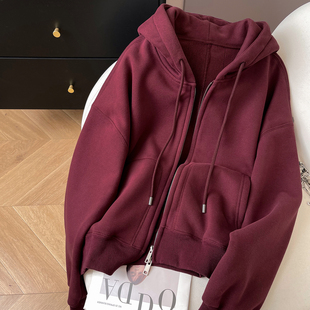 小C家 连帽卫衣女款2025新款冬季加绒宽松休闲帽衫双拉链开衫外套