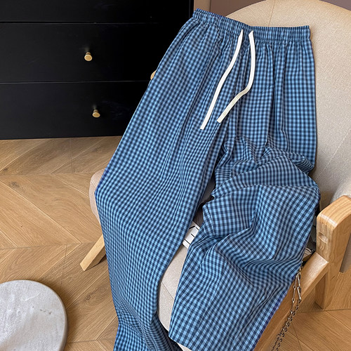 小C家 蓝色格子慵懒风休闲裤女2025夏季新款高腰百搭直筒阔腿裤子