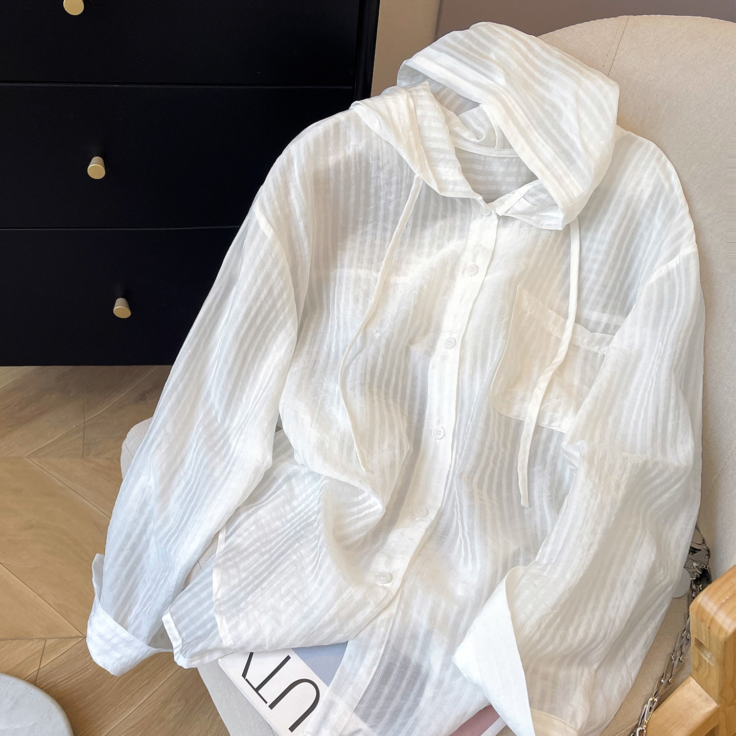 小C家 连帽条纹衬衫女款2026新款夏外搭开衫薄款宽松休闲防晒衬衣