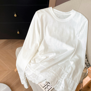 蕾丝下摆内搭打底衫 小C家 春法式 T恤女2026新款 白色上衣 圆领长袖