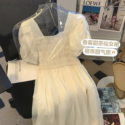 法式泡泡袖雪纺连衣裙女