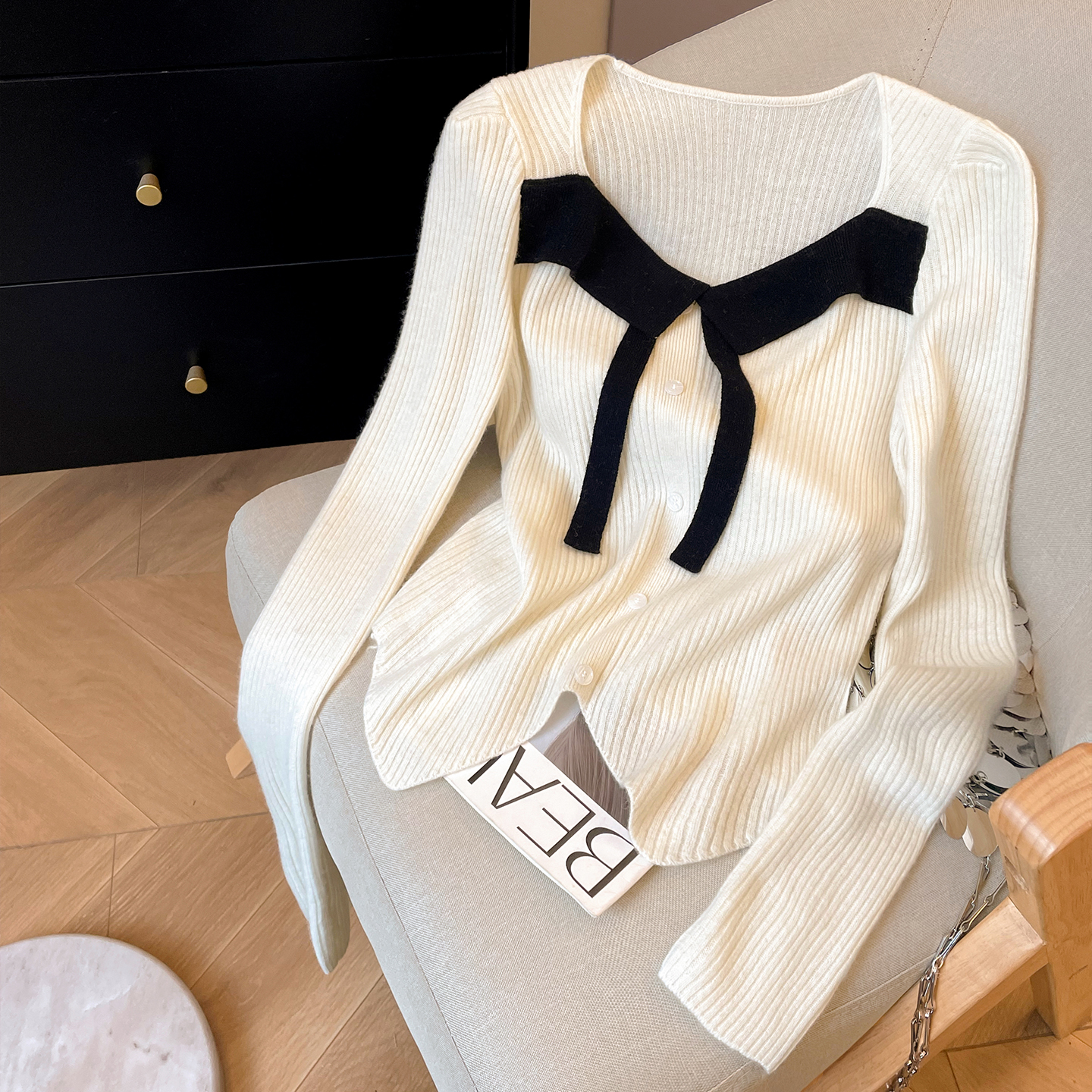 羊毛开衫方领打底坑条针织衫女冬