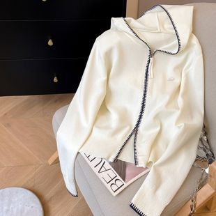 拉链开衫 小C家 春短款 女2026新款 韩系松弛感外套 锯齿边连帽针织衫