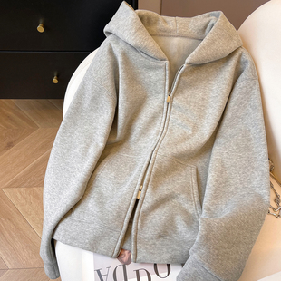 小C家 加绒加厚卫衣女2025新款冬季高级感宽松慵懒风连帽开衫外套