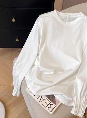 小C家 褶皱袖长袖T恤女2026新款春季内搭白色打底衫圆领正肩上衣