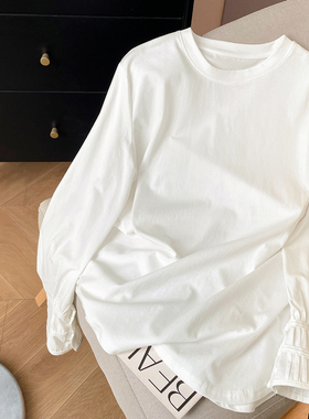 小C家 褶皱喇叭袖白色长袖T恤女2026新款春季圆领宽松中长款上衣