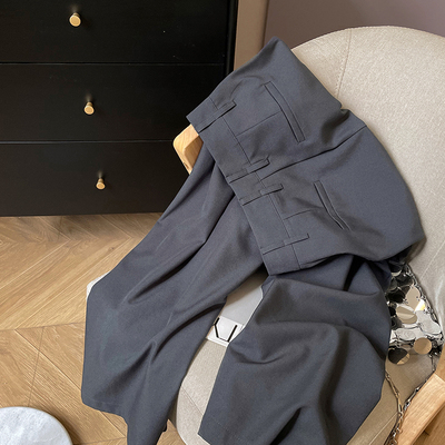 小C家 深灰色阔腿裤女秋季薄款高腰垂感显瘦休闲拖地裤直筒西装裤