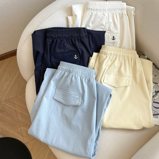 流行宽松百搭阔腿裤 小C家 新款 白色简约抽绳高腰休闲九分裤 女夏季
