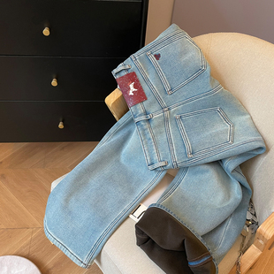 小C家 蝴蝶结刺绣直筒牛仔裤女2025新款冬季加绒加厚休闲显瘦裤子