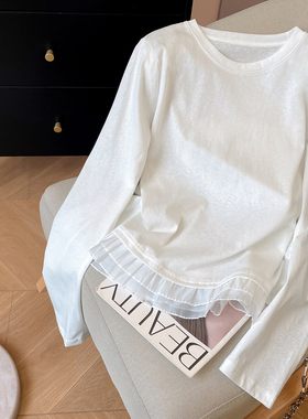 小C家白色长袖T恤女2026新款春圆领正肩打底衫拼接网纱侧开叉上衣