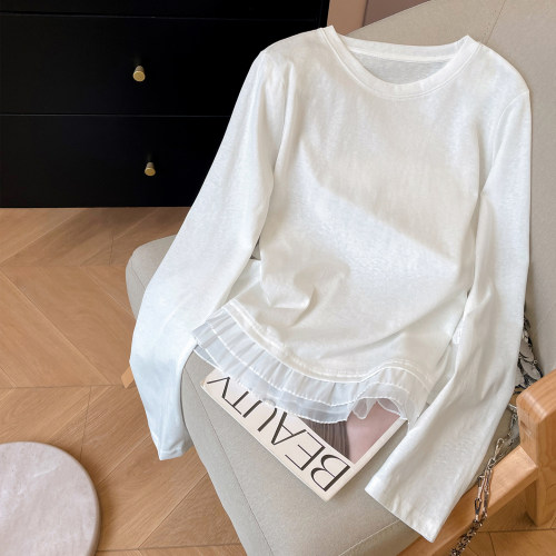 长袖休闲拼接网纱白色打底T恤女