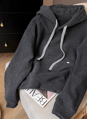 小C家 抽绳连帽卫衣女2025新款冬季加绒宽松套头灰色帽衫休闲上衣