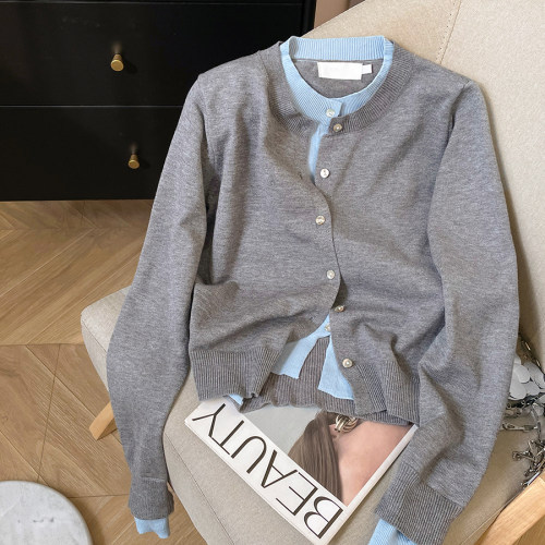 针织开衫圆领假两件拼接毛衣新款