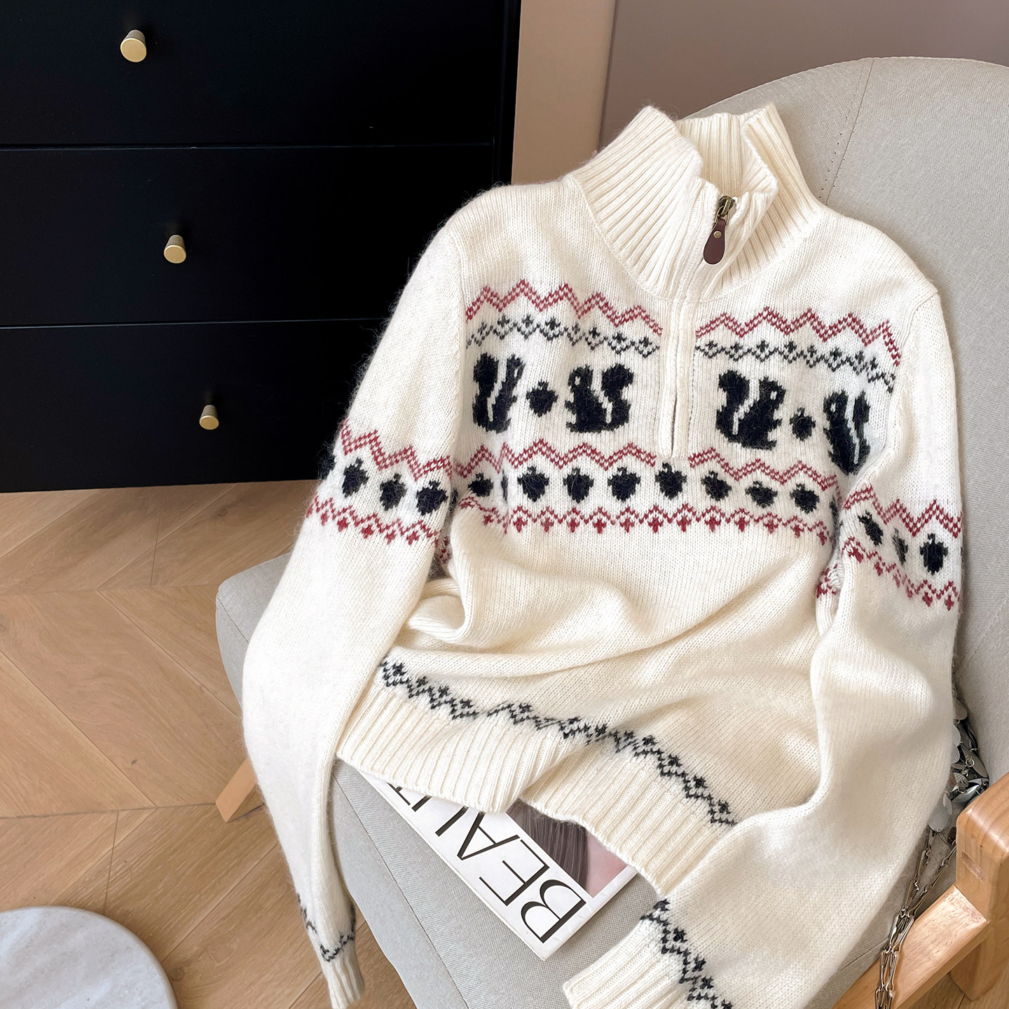 翻领费尔岛宽松羊毛提花毛衣女冬