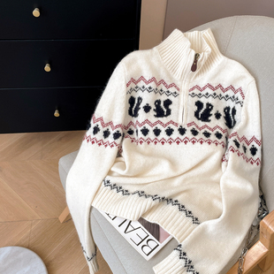 小C家 费尔岛提花毛衣女款2025新款冬季半拉链翻领套头羊毛针织衫