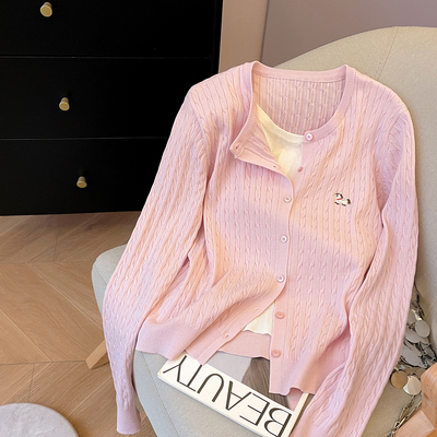 圆领套头麻花针织开衫女春假两件