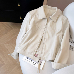 翻领机车服小个子短款 春季 软皮夹克 杏色皮衣外套女2026新款 小C家